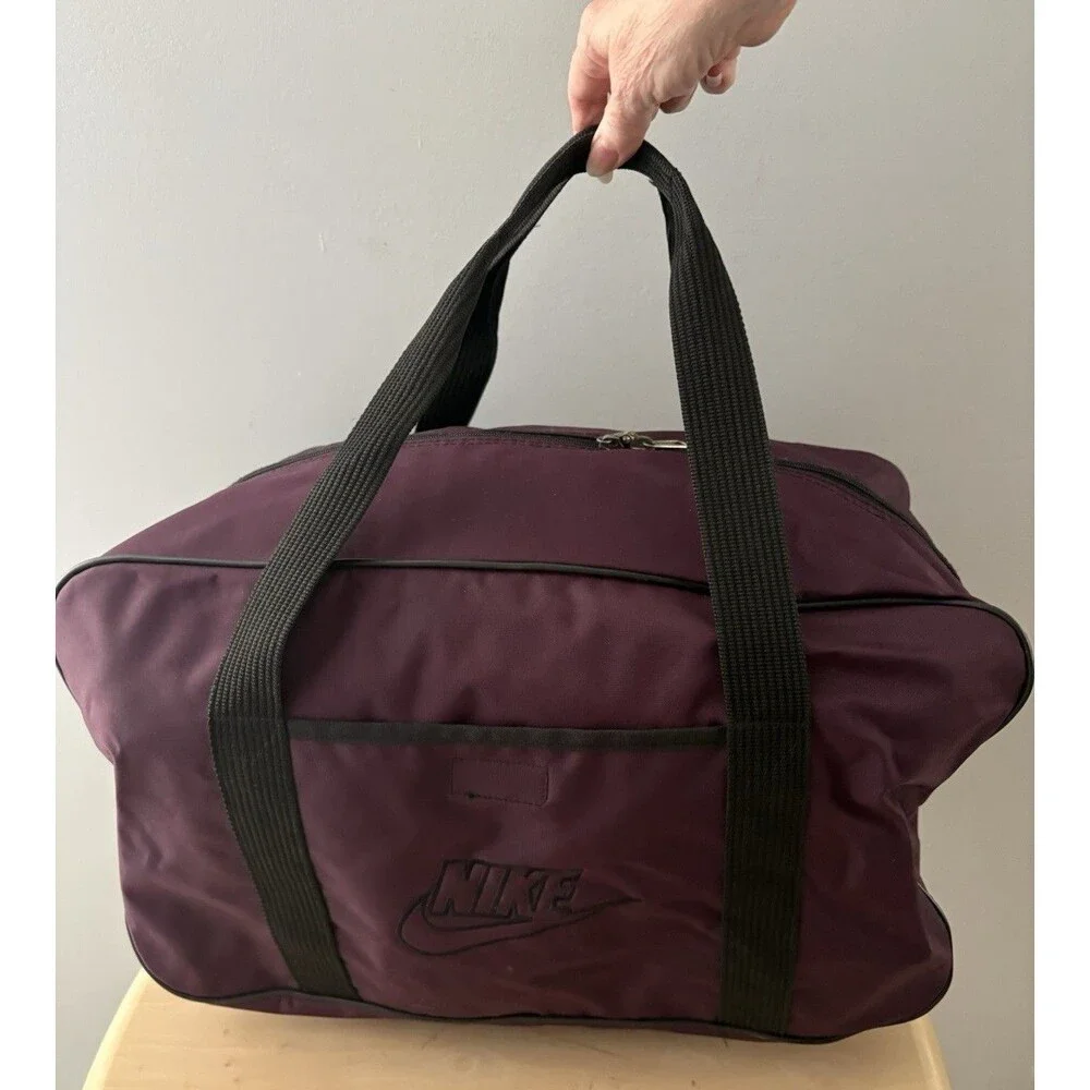 Vintage 80s 90s NIKE Duffel Bag Deep Purple Spellout Big Check Workout Retro